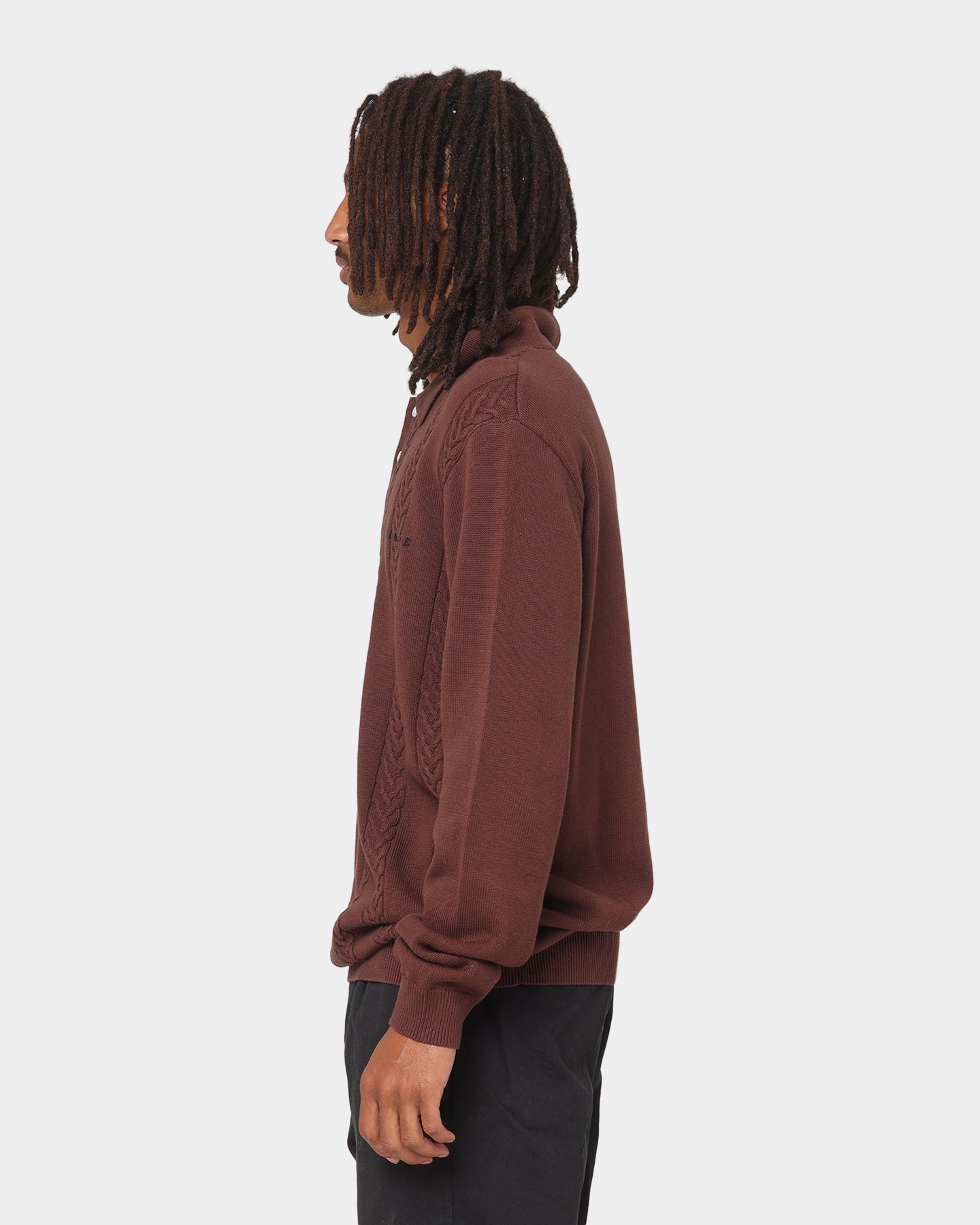 X Large Cable Knit Long Sleeve Polo Shirt Brown | Culture Kings US