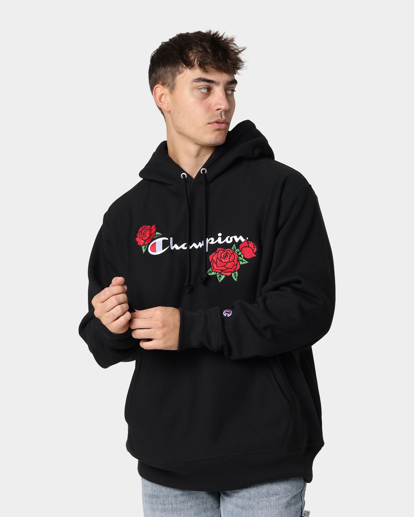 Champion Reverse Weave Roses Embroidery Hoodie Black | Culture