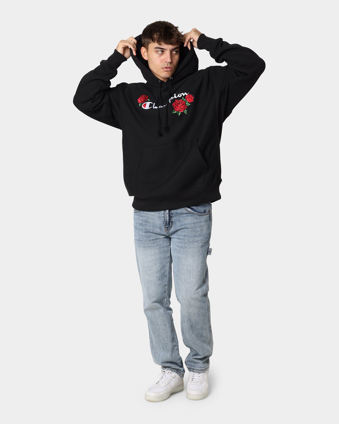 Champion Reverse Weave Roses Embroidery Hoodie Black | Culture