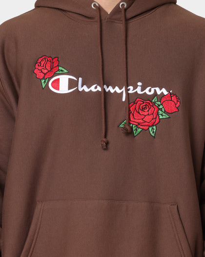 Pink Embroidered Rose Hoodie Mens Champion Reverse Weave Roses