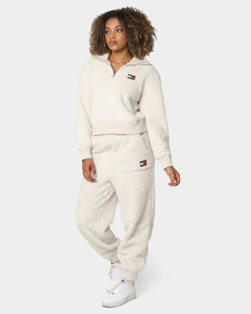 Tommy Jeans Women's Plush Badge Quarter Zip Sweater Stony Beige