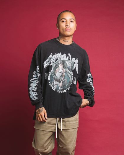 Goat Crew X Attack On Titan Captain Levi Long Sleeve Vintage T-Shirt Black Wash