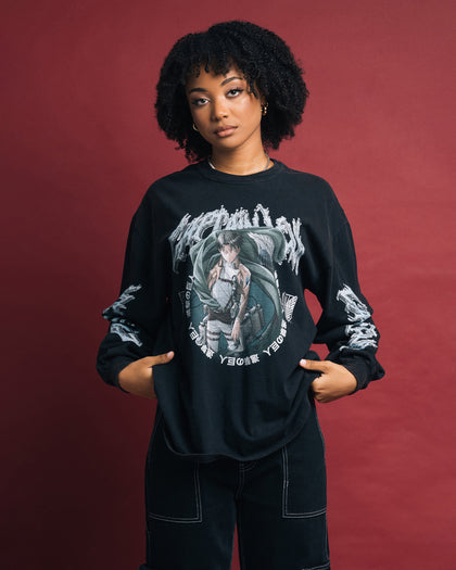 Goat Crew X Attack On Titan Captain Levi Long Sleeve Vintage T-Shirt Black Wash