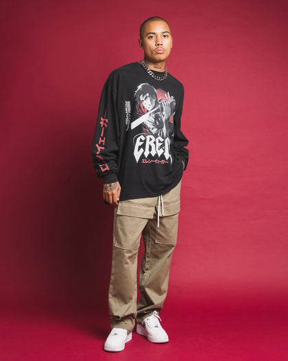 Goat Crew X Attack On Titan Eren Long Sleeve Vintage T-Shirt Black Wash