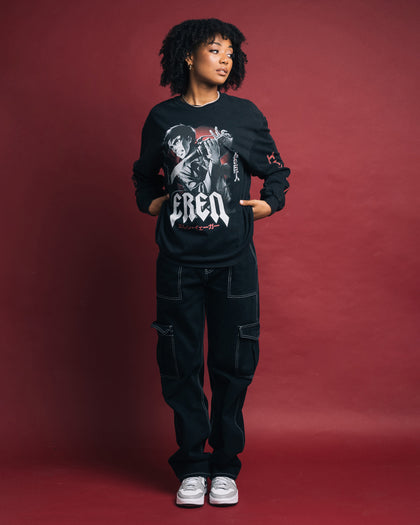 Goat Crew X Attack On Titan Eren Long Sleeve Vintage T-Shirt Black Wash