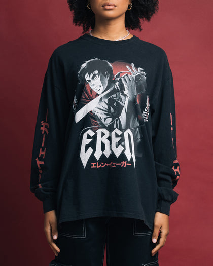 Goat Crew X Attack On Titan Eren Long Sleeve Vintage T-Shirt Black Wash
