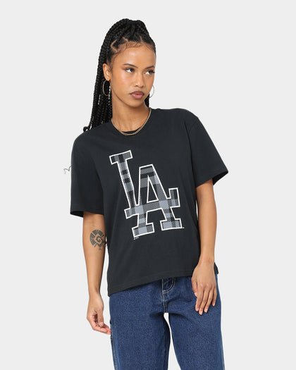 Majestic Athletic Women's Los Angeles Dodgers Check Logo Boxy T-Shirt Faded Black