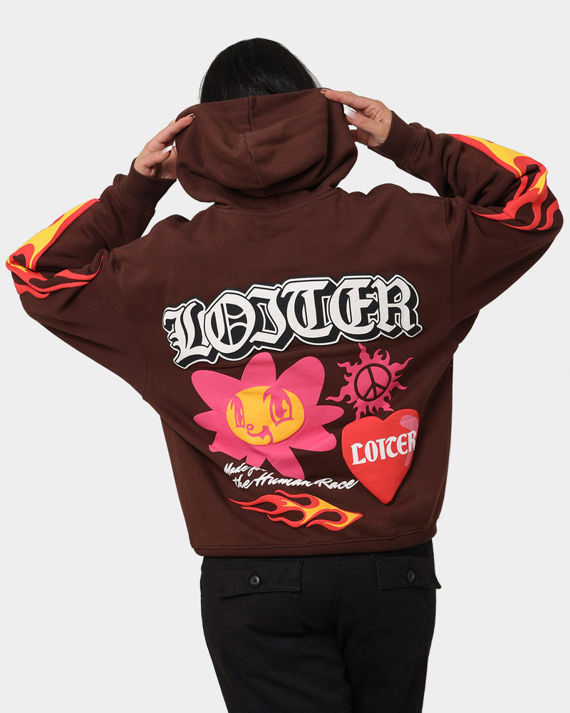 loiter.clo 'Euphoric Multi Logo Hoodie' available in Brown & Black -  features high-density puff prints all over the front & the back.…
