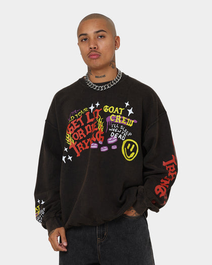 Goat Crew Get Lit Or Die Trying All Over Print Crewneck Washed Black