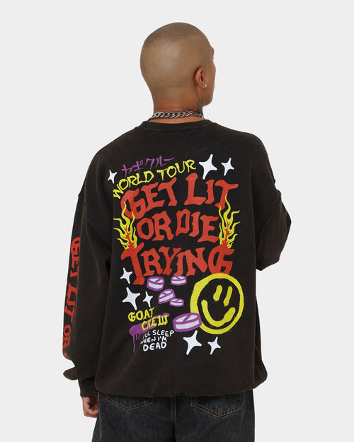 Goat Crew Get Lit Or Die Trying All Over Print Crewneck Washed Black