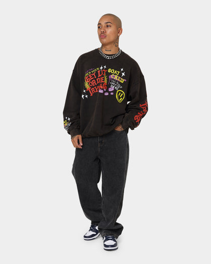 Goat Crew Get Lit Or Die Trying All Over Print Crewneck Washed Black