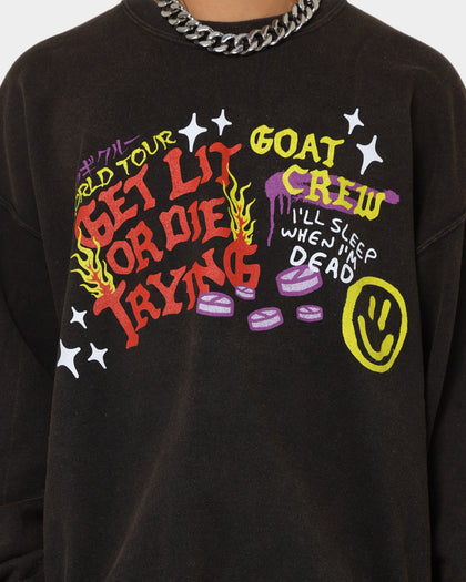 Goat Crew Get Lit Or Die Trying All Over Print Crewneck Washed Black
