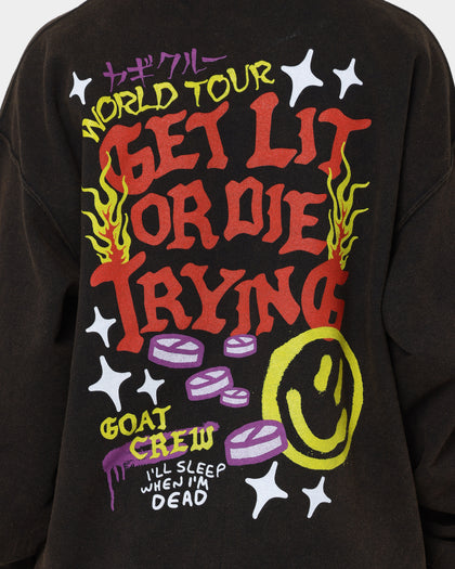 Goat Crew Get Lit Or Die Trying All Over Print Crewneck Washed Black