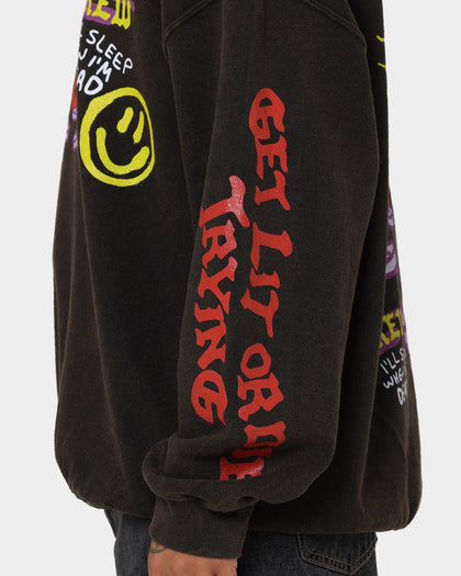 Goat Crew Get Lit Or Die Trying All Over Print Crewneck Washed Black