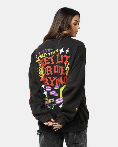 Goat Crew Get Lit Or Die Trying All Over Print Crewneck Washed Black