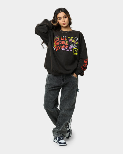 Goat Crew Get Lit Or Die Trying All Over Print Crewneck Washed Black