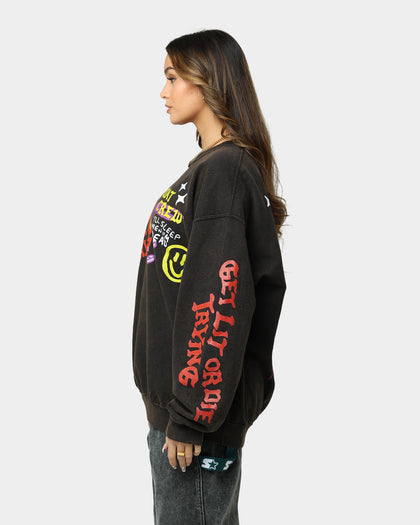 Goat Crew Get Lit Or Die Trying All Over Print Crewneck Washed Black