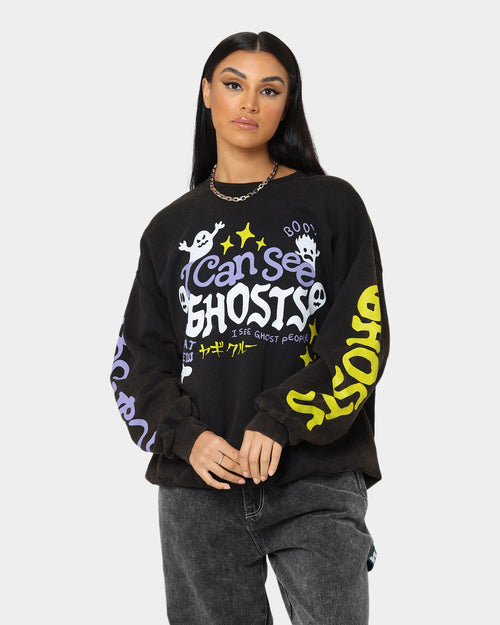 Goat Crew I Can See Ghosts All Over Print Crewneck Washed Black