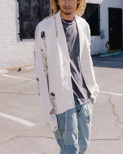 MNML Distressed Cardigan Off White