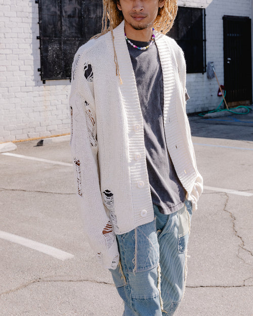 MNML Distressed Cardigan Off White