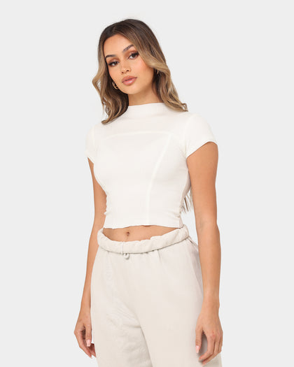 Joah Brown Women's Contrast Stitch Crop T-Shirt Bone