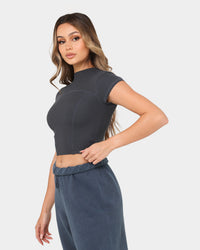 Joah Brown Women's Contrast Stitch Crop T-Shirt Vintage Navy