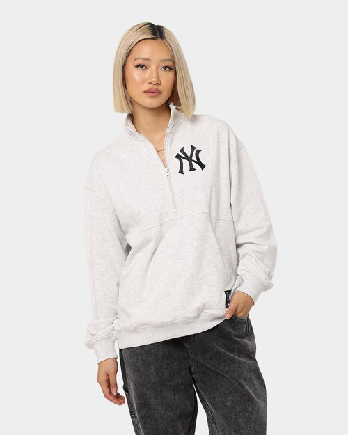Majestic Athletic Women's New York Yankees Bat Wing Half Zip Crop Crewneck White Marle