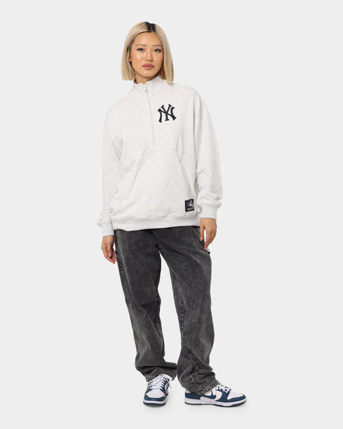 Majestic Athletic Women's New York Yankees Bat Wing Half Zip Crop Crewneck White Marle