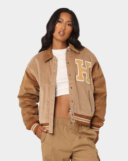 The New Establishment Women's Two Tone Letterman Jacket Silver Lining/Brown