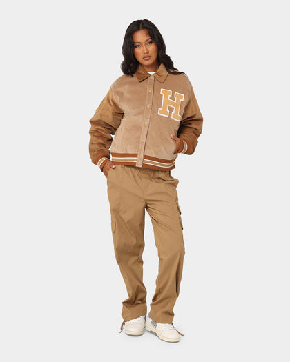 The New Establishment Women's Two Tone Letterman Jacket Silver Lining/Brown