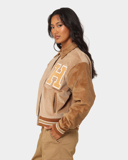 The New Establishment Women's Two Tone Letterman Jacket Silver Lining/Brown