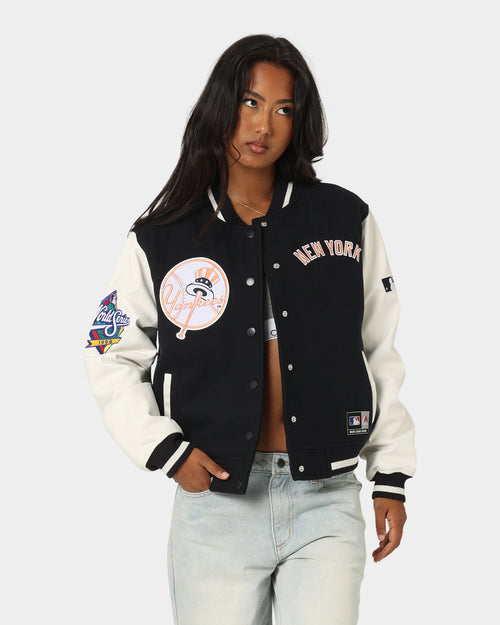 Majestic Athletic Women's New York Yankees Team Wordmark Melton/PU Jacket French Navy
