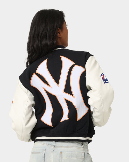 Majestic Athletic Women's New York Yankees Team Wordmark Melton/PU Jacket French Navy