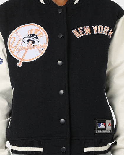 Majestic Athletic Women's New York Yankees Team Wordmark Melton/PU Jacket French Navy