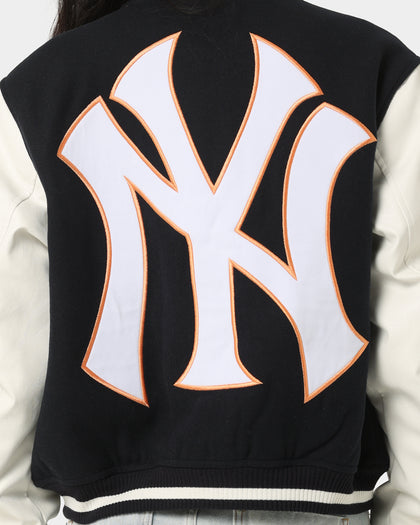 Majestic Athletic Women's New York Yankees Team Wordmark Melton/PU Jacket French Navy