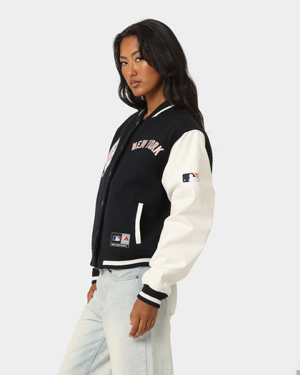 Majestic Athletic Women's New York Yankees Team Wordmark Melton/PU Jacket French Navy