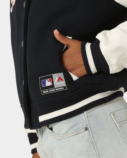 Majestic Athletic Women's New York Yankees Team Wordmark Melton/PU Jacket French Navy