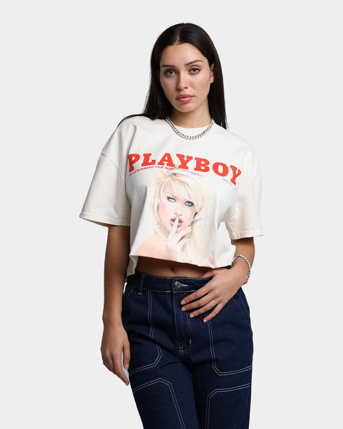 Playboy X Culture Kings Women's Shhh Crop T-Shirt Off White