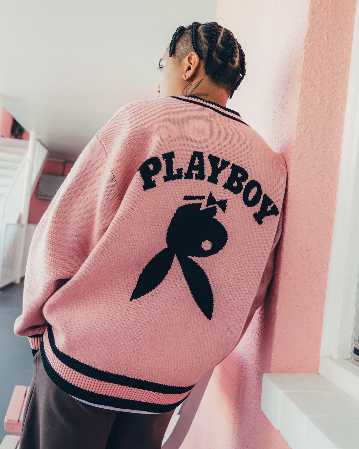 Playboy By CK Collegiate Cardigan Pink/Black | Culture Kings US