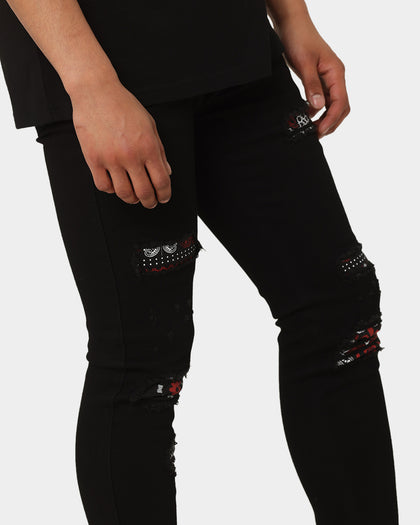 Carré BU Rugueux Distressed Jeans Black/Red