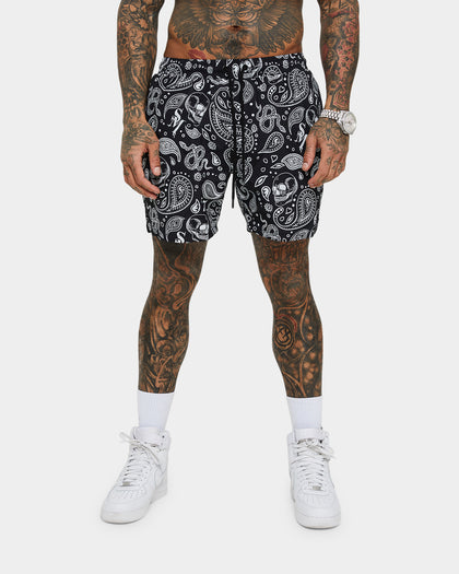 Saint Morta Paisley Skulls Beach Shorts Black/White