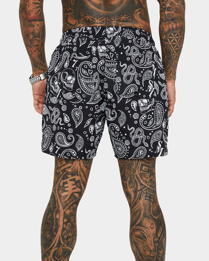 Saint Morta Paisley Skulls Beach Shorts Black/White