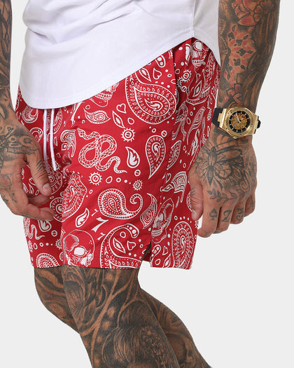 Saint Morta Paisley Skulls Beach Shorts Red/White