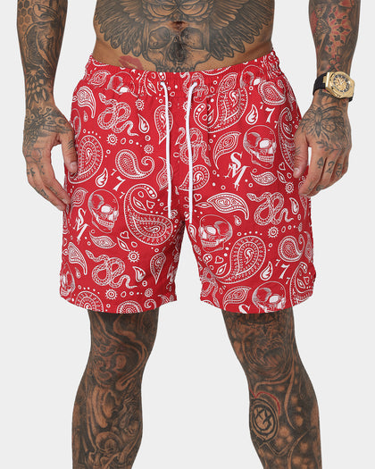 Saint Morta Paisley Skulls Beach Shorts Red/White