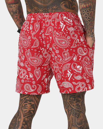 Saint Morta Paisley Skulls Beach Shorts Red/White