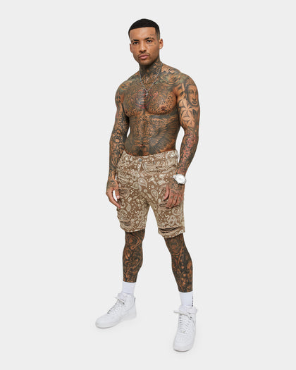 Saint Morta Paisley Skulls Denim Shorts Vintage Brown