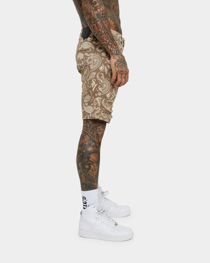 Saint Morta Paisley Skulls Denim Shorts Vintage Brown