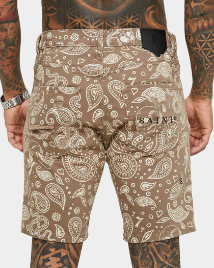 Saint Morta Paisley Skulls Denim Shorts Vintage Brown