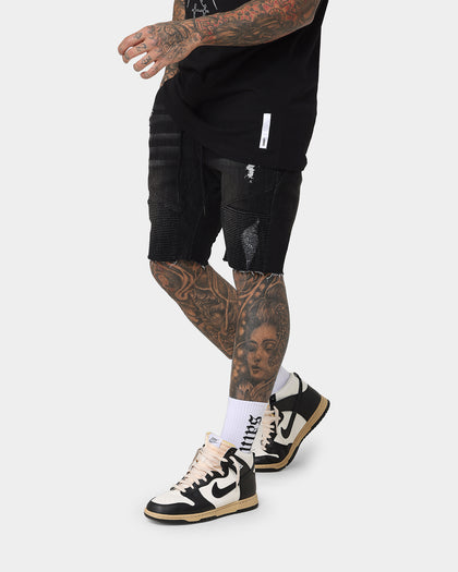 Saint Morta United Distressed Biker Shorts Black Stonewash