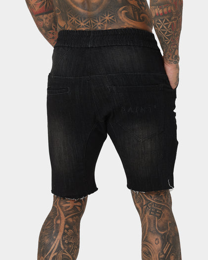 Saint Morta United Distressed Biker Shorts Black Stonewash